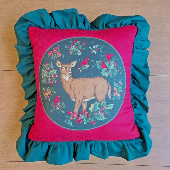 Vintage Christmas Handmade Pillow Square Deer Cardinal Holly Buck Ruffled Cabin - Picture 1 of 8